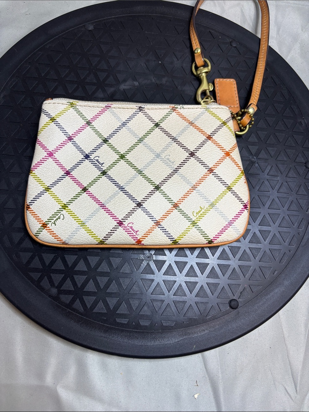 Coach Multicolor Plaid Wristlet - White with Tan Trim